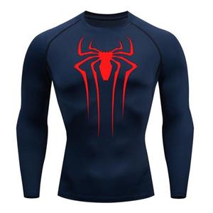 Chosyin Heren Herfst Lente Top Skinny Zweetabsorptie Elastisch Spider Print Lange mouw Zacht Ademend Ronde hals Compressietraining Workout Oefening L marineblauwe kleur