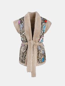 Mucho Gusto Teddy gilet reversible beige met blauw-groene luipaardprint en multicolor dieren patchwork