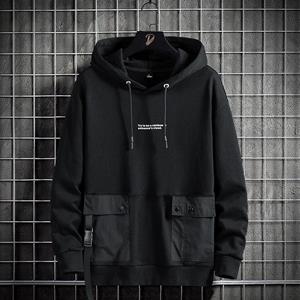 QGOOD Zwarte heren hoodies straat hiphop mode sweatshirts heren casual capuchon met lange mouwen trui cargo pocket streetwear 8XL zwart
