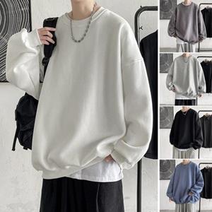 Tianhangyuan Heren herfst winter sweatshirt losse effen kleur ronde hals lange mouw dikke warme zachte unisex casual eenvoudige stijl paar top 2XL lichtgrijze kleur