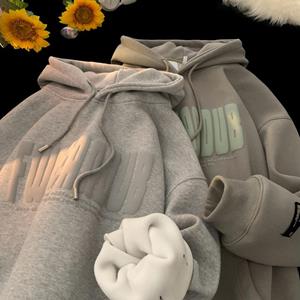 EG41NB American Retro Letter Sweatshirt Heren herfst- en winterfluwelen zware stijve jas met capuchon L zwart