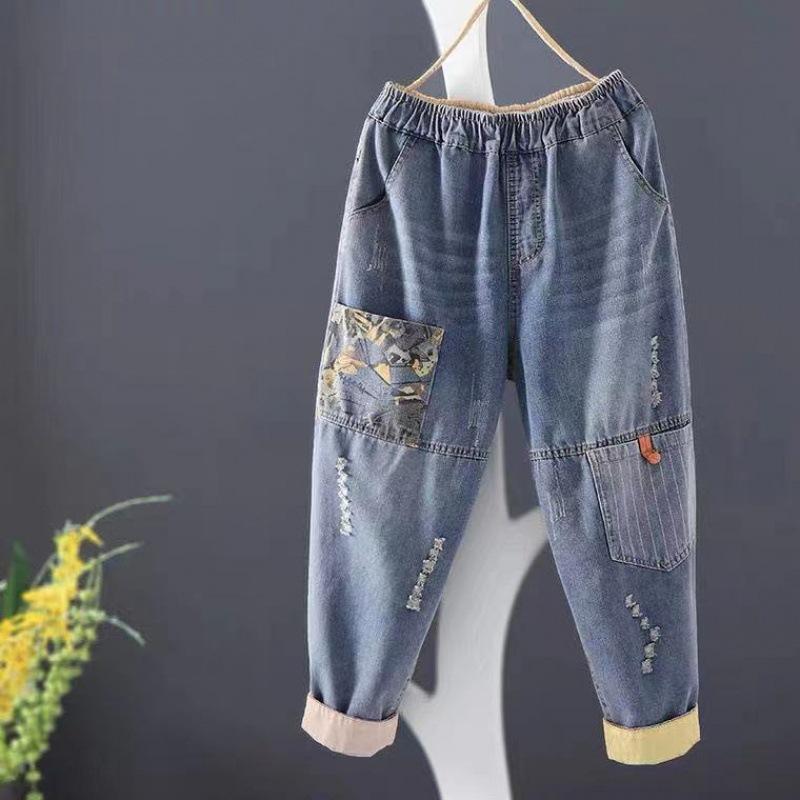 Heihei Dames casual baggy jeans mode vintage stijl patchwork streetwear vrouwelijke denim broek losse veelzijdige harembroek 2XL blauw