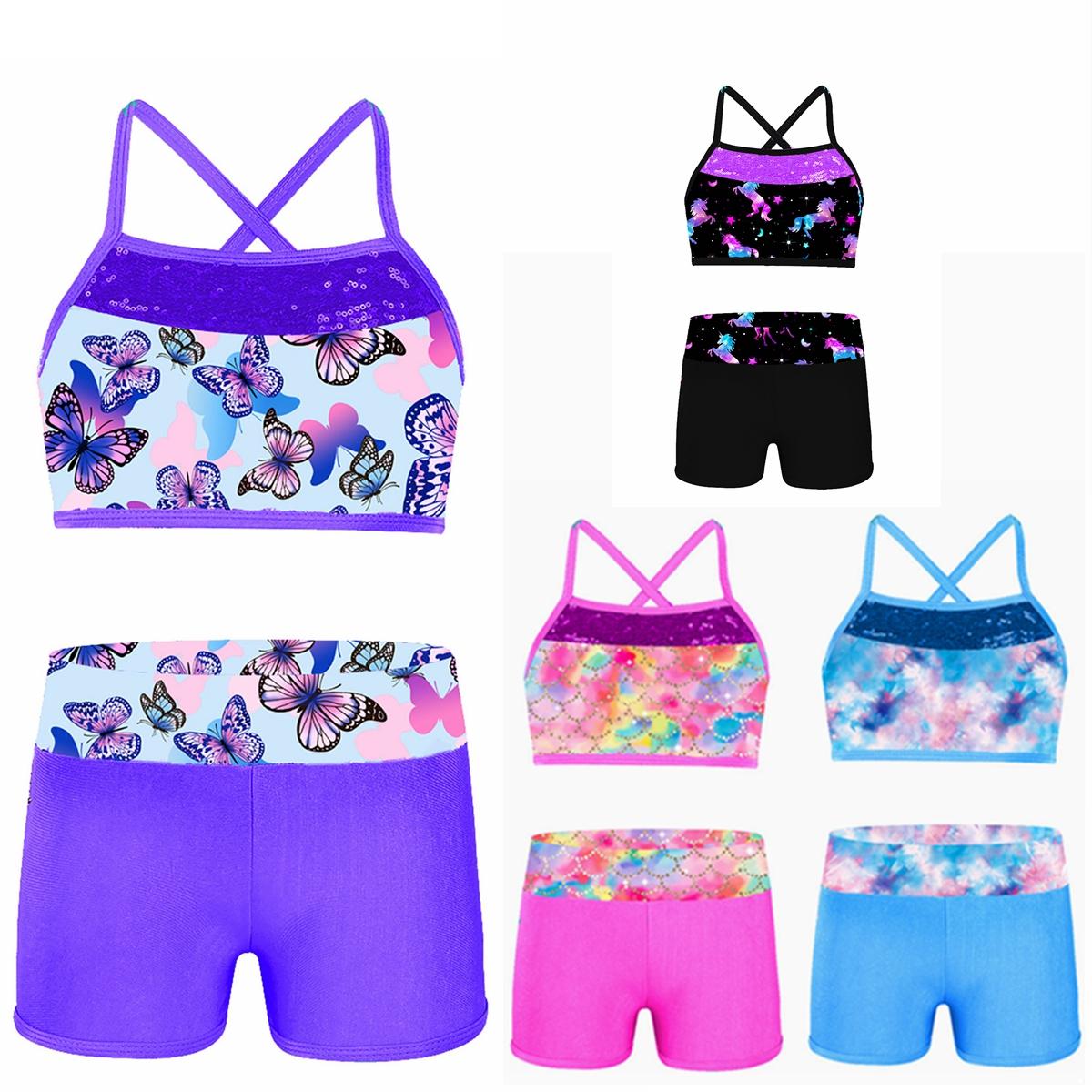 Aislor Kinderen meisjes tweedelige badpak sport gymnastiek dansen zwemmen outfit crop top met shorts set 3-4 Years rozerode kleur