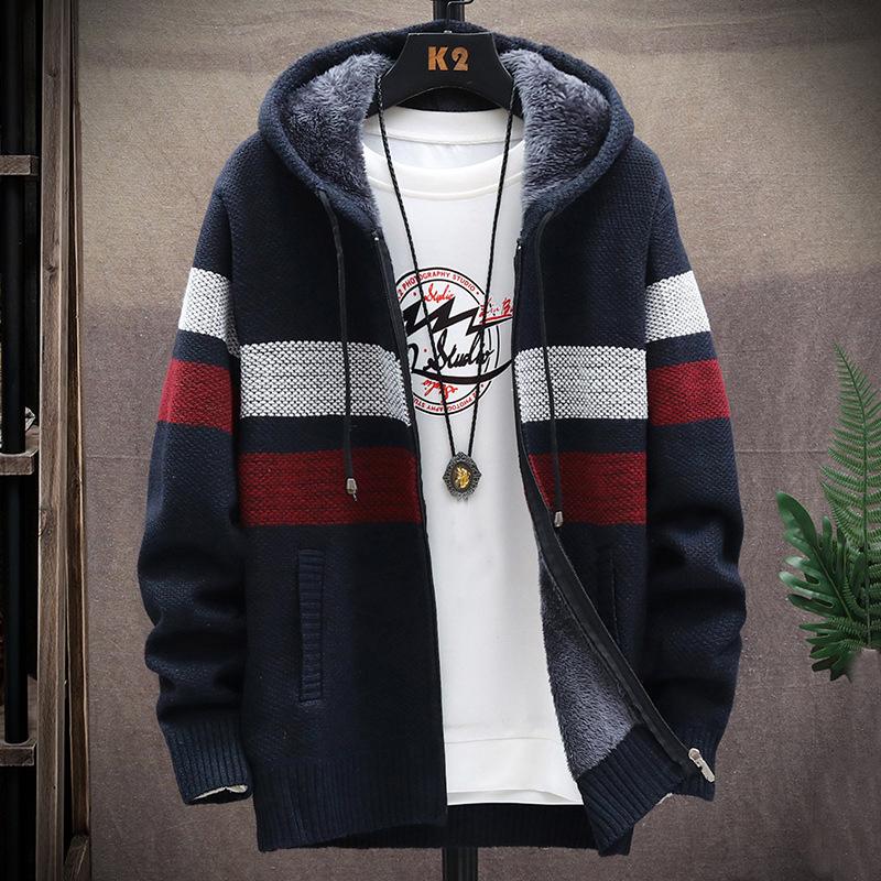 EG76LD Vest Heren Truien Jassen Winter Fleece Gebreide Trui Jas Warme Rits Wollen Vest Met Capuchon 3XL blauw