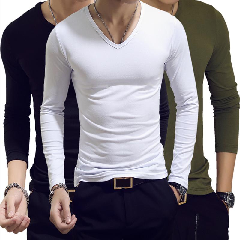 5Shoesworld Heren Casual Lange Mouw Slim Fit V-hals Gym Sport T-shirt Tops Effen Basic T Tee M zwart