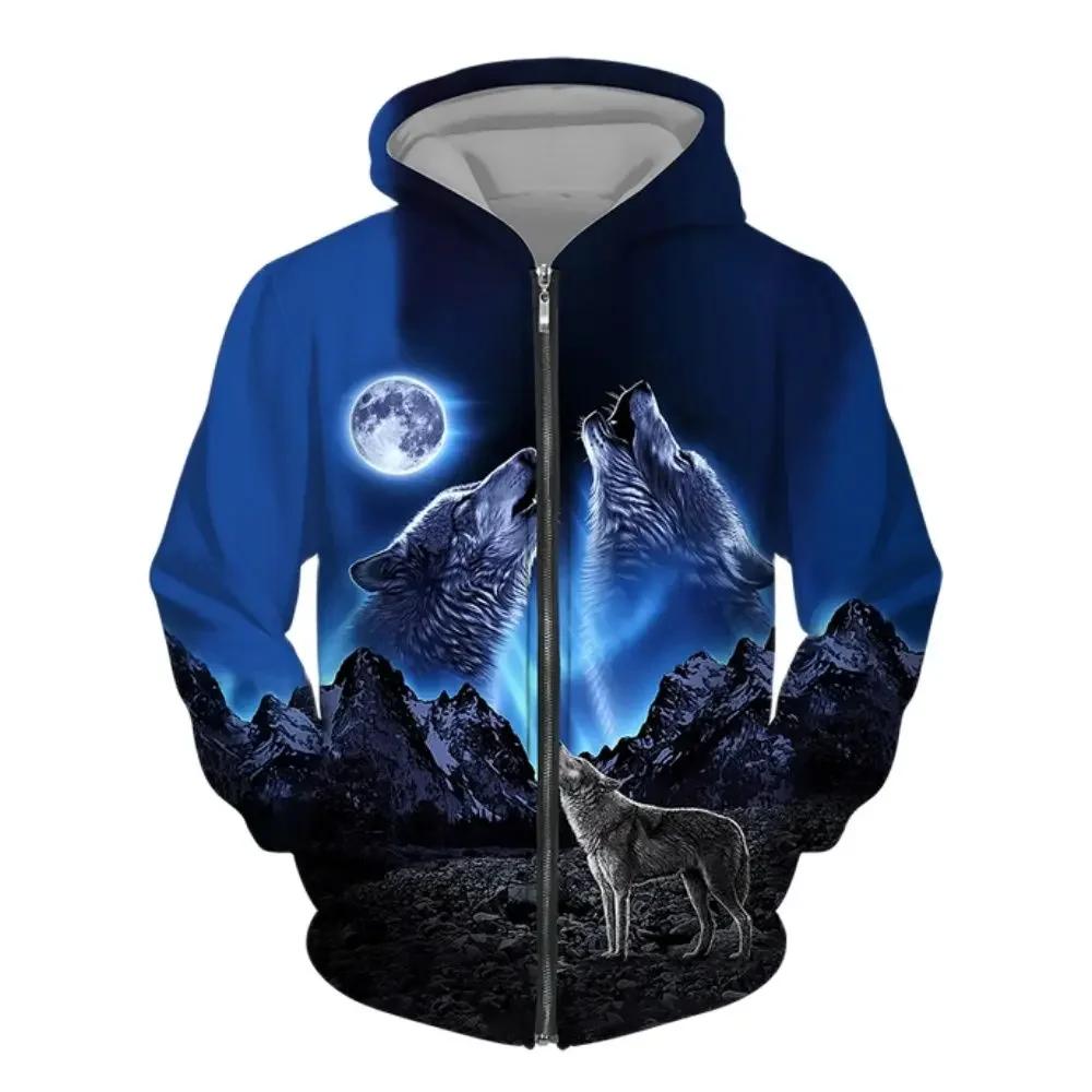 ETST0013 Heren hoodie met rits Wolf 3D-geprinte hoodie met rits heren trui mode casual trui straat Harajuku Kleding Lente en herfst S