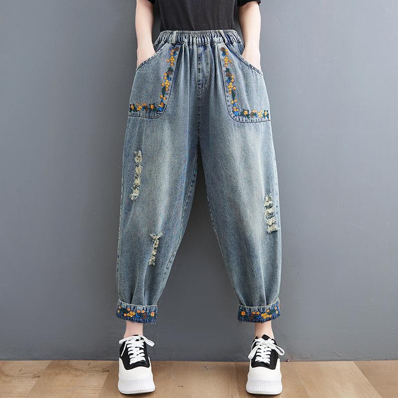 KAOLA Lente en herfst grote maten damesjeans met hoge taille en gatenbrekende casual losse jeans denimbroek met retro bloemenborduurwerk en zak XXL blauw