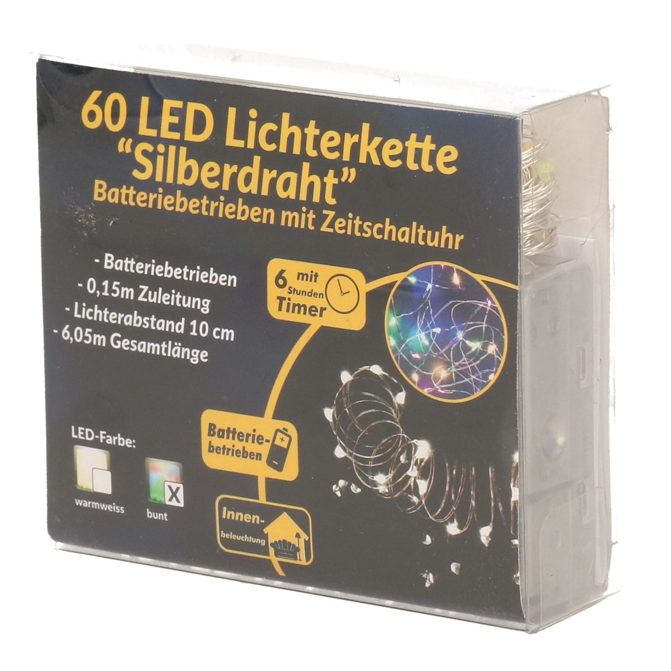 Draadverlichting zilver met gekleurde LED lampjes 6 meter op batterijen met timer -