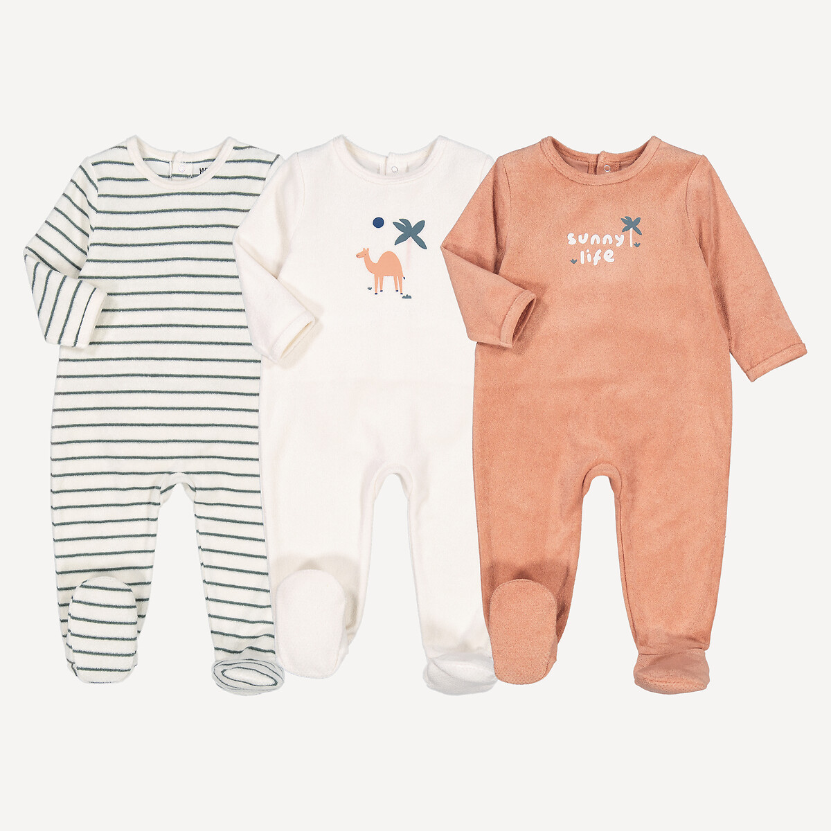 LA REDOUTE COLLECTIONS Set van 3 pyjama's in badstof, kameelmotief en strepen