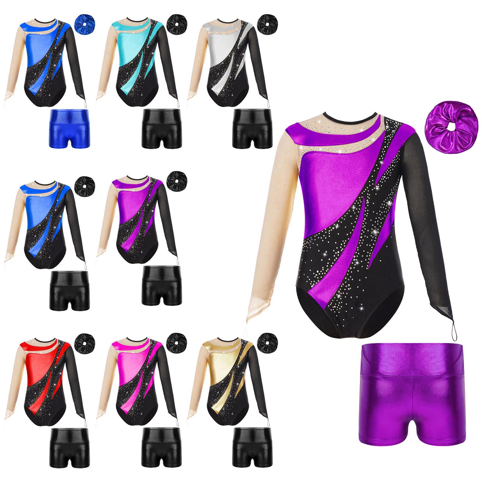 Sywiyi Gymnastiek Leotard voor Meisjes Lange Mouw Dans Unitards met Shorts Haarband Biketards Activewear 5-6 Years zwart/goud