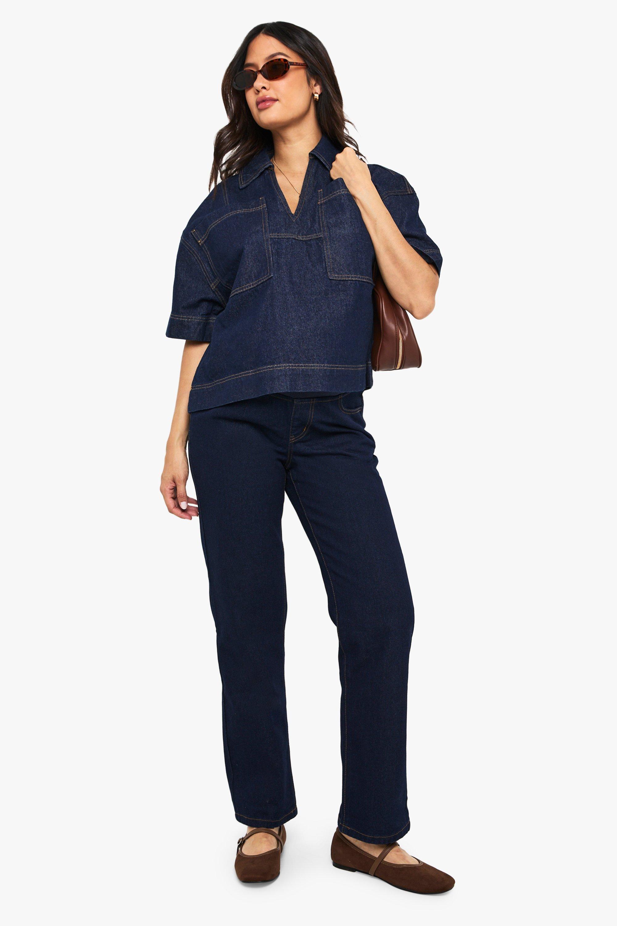 Boohoo Zwangerschap Over The Bump Mom Jeans, Indigo