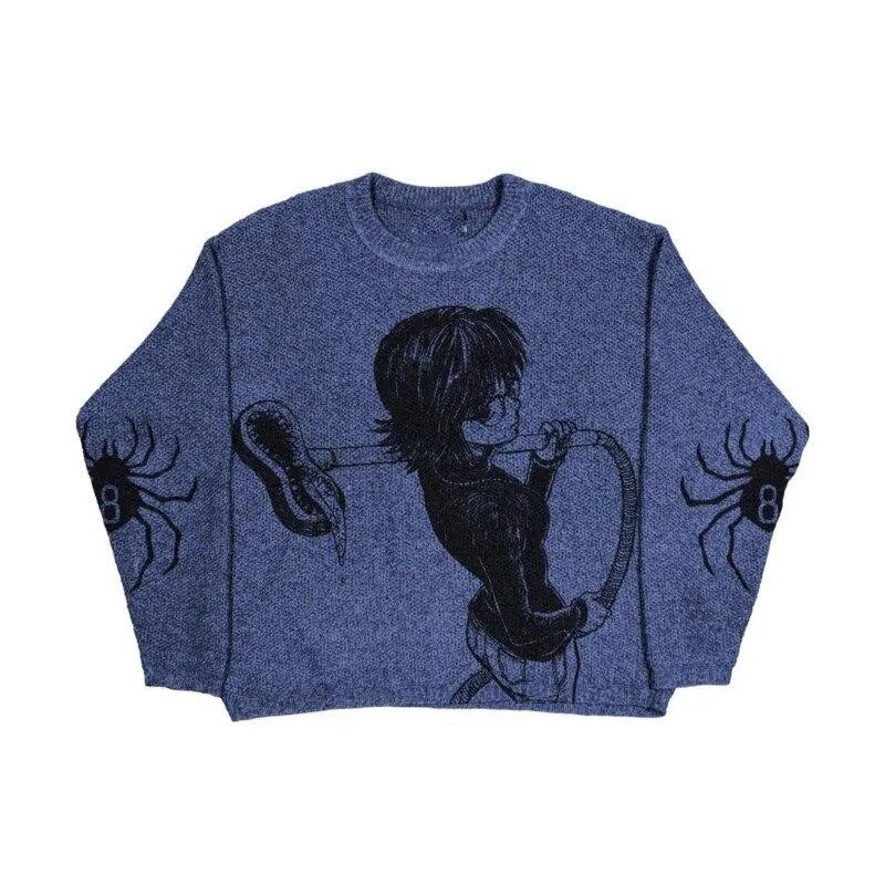 HipHop Fashion Nieuwe Europese en Amerikaanse Street Sweater Jacquard Gebreide Y2K Gepersonaliseerde Casual Ronde Hals Pullover voor Mannen en Vrouwen M blauw