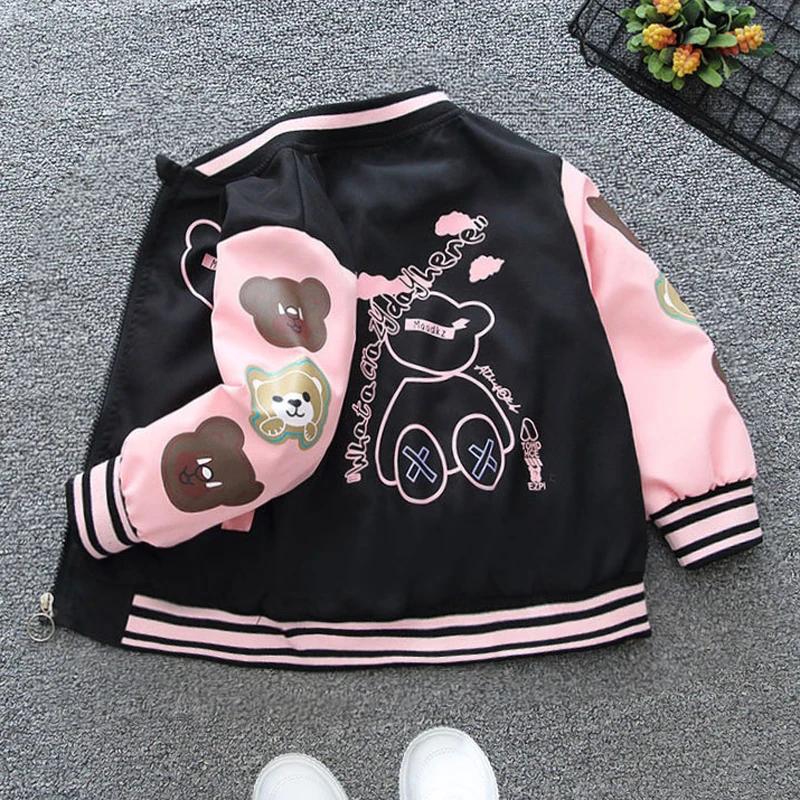 RUOK Lente Herfst Jongens Meisjes Jas Cartoon Beer Letter Print Honkbal Uniform Kinderen Sport Buitenkleding 160cm roze