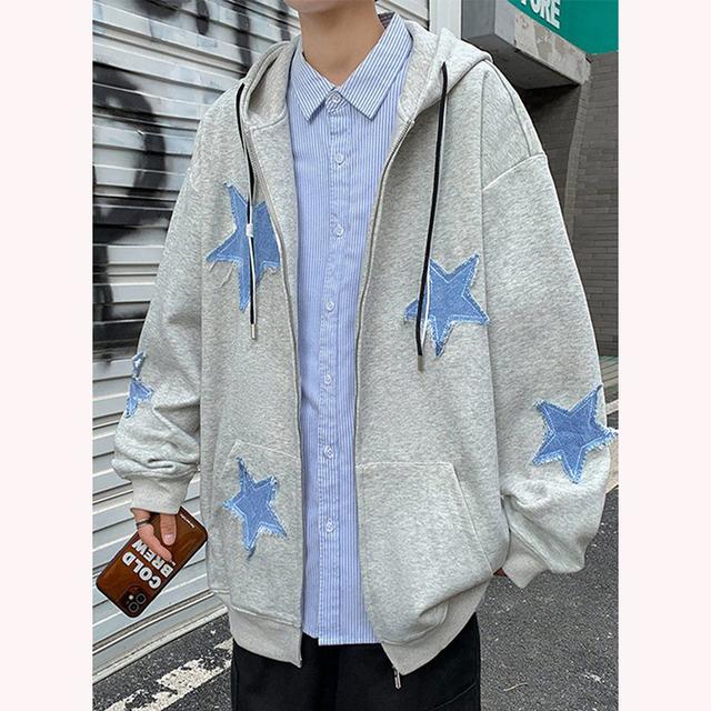 Tooyoo Heren Star Patch Zip Up Hoodie voor heren Oversized Y2k Sweatshirt Jack E-Girl 90s Pullover Streetwear S zwart