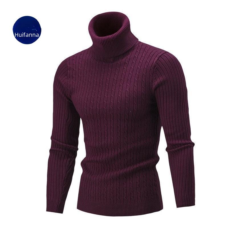 Get one Nieuwe heren slim coltrui voor de herfst en winter, effenkleurige trui met breisel voor grensoverschrijdende handel. M wijnrode kleur