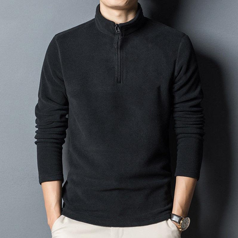 EG76LD Lente en herfst heren casual dunne effen kleur staande kraag polar fleece sweatshirt L zwart