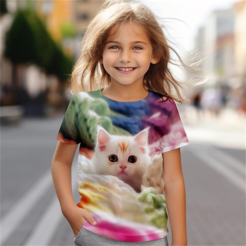 WowClassic Kat Korte Mouw Paard Kind T-shirt Zomer Kawaii Kid T-shirt Voor Kinderen Tops Fashion Tee Meisjes Kleding Van 8 tot 14 Jaar Oud 170