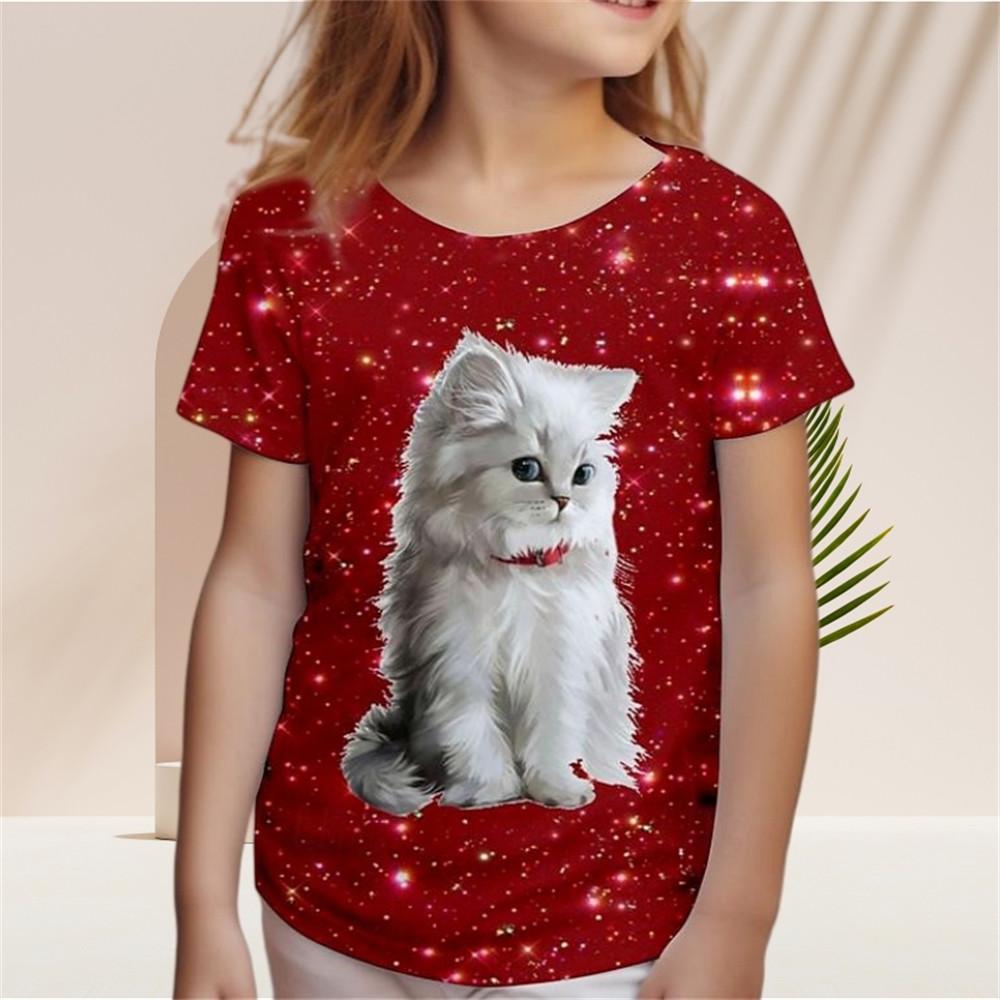 Etst 003 Kinderen Meisjes T-shirt Gradiënt Pailletten Kawaii Kat Korte Mouw O-hals Pyjama voor Kinderen Kleding Meisjes van 2 tot 7 Jaar T-shirt Top 100cm