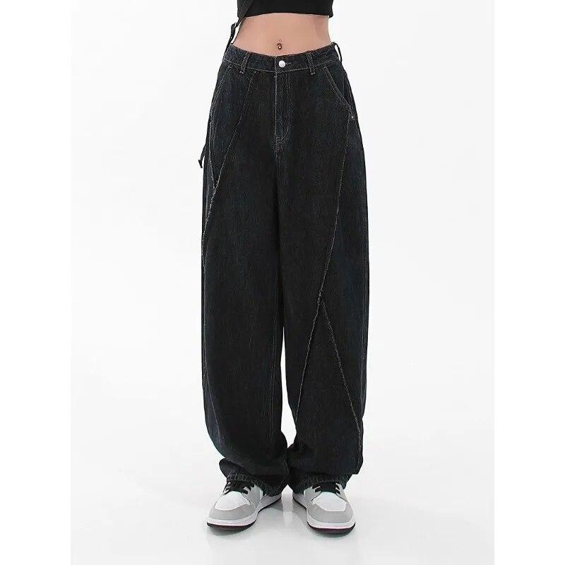 YUBAOBEI Jeans Dames Casual Baggy Jeans Losse Stiksels Ontwerp High Street Zwarte Rechte Broek Y2k Boyfriend Denim Broek S-5XL 5XL zwart
