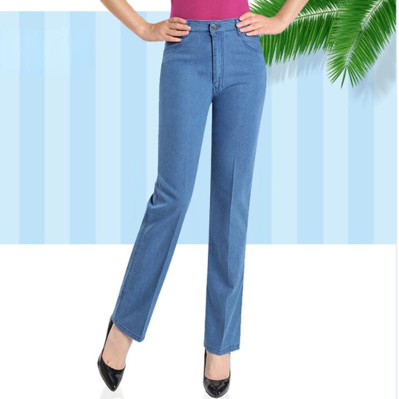 PJ78HG Lente Herfst Dames Hoge Taille Stretch Jeans Broek Rechte Losse Denim Broek Plus Size Broeken 28 blauw