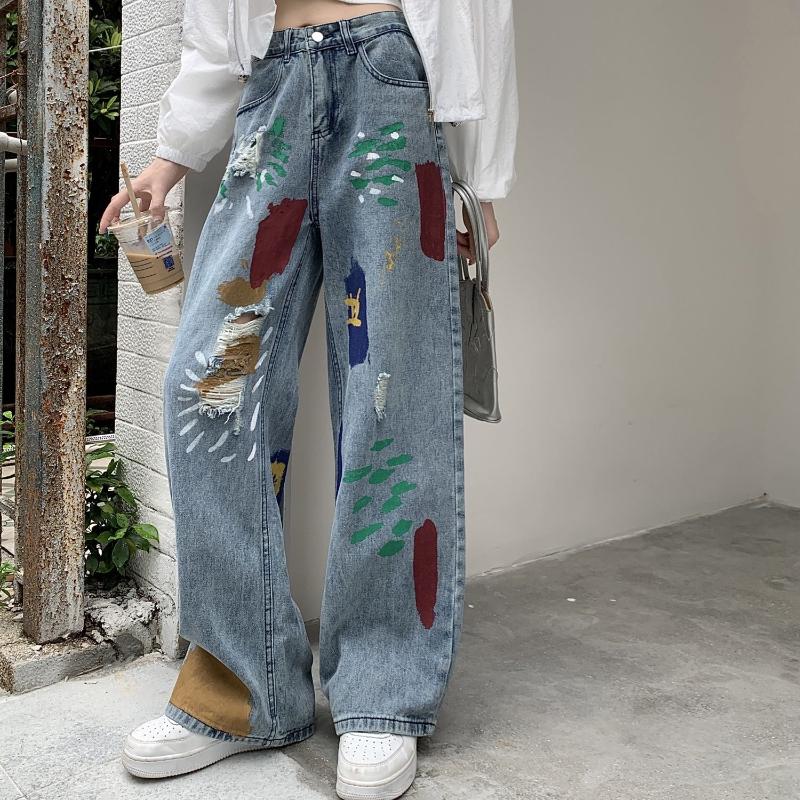 High Street Vintage Color Print Loose Jeans Dames 2000s Y2k Rechte Casual Wijde Pijpen Broek Dames Modeontwerp Retro Baggy Broek S blauw