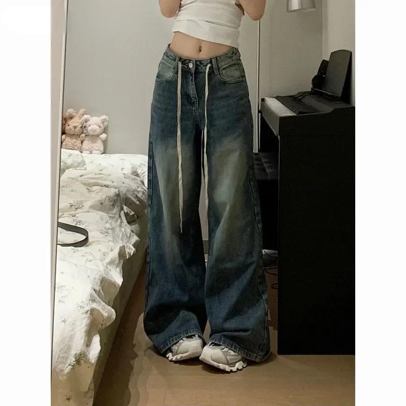 Diana Fashion Clothes Harajuku Vintage Drawstring High Waist Loose Jeans 2024 Zomer nieuwe Broek Dames Y2K Wide Leg Baggy Streetwear Denim Broek S blauw