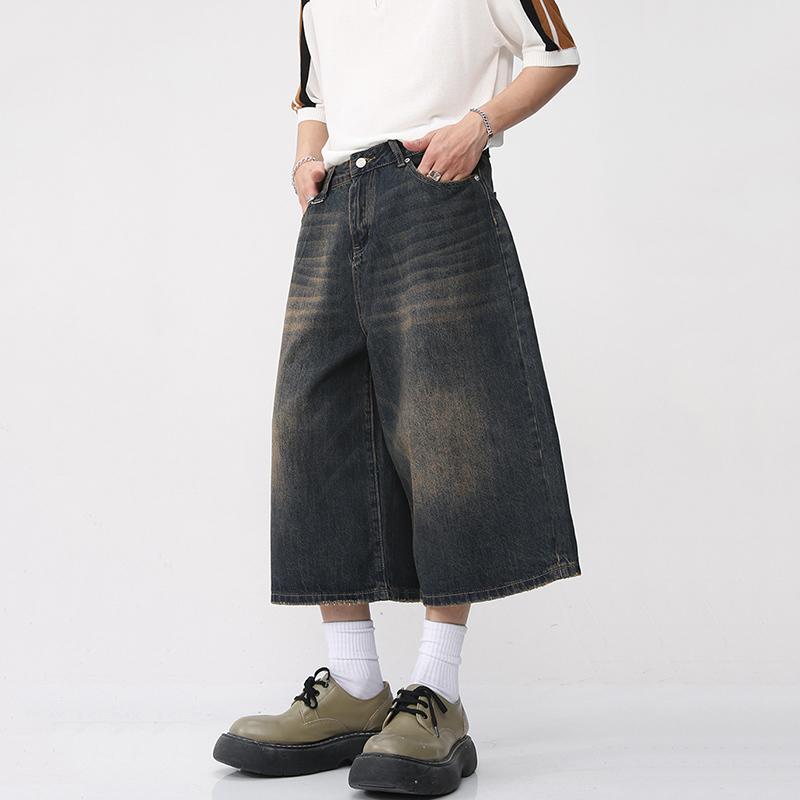 GS Heren Zomer Cropped Jeans Mid-rise Knoopsluiting Denim Broek Gradiënt Kleur Wijde Pijpen Cropped Broek Streetwear XXXL