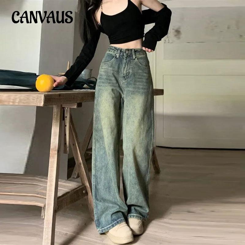 CANVAUS Rechte jeans voor dames Lente en herfst Peervormig Casual Nostalgia Vintage Drag Floor Losse wijde pijpenbroek S blauw