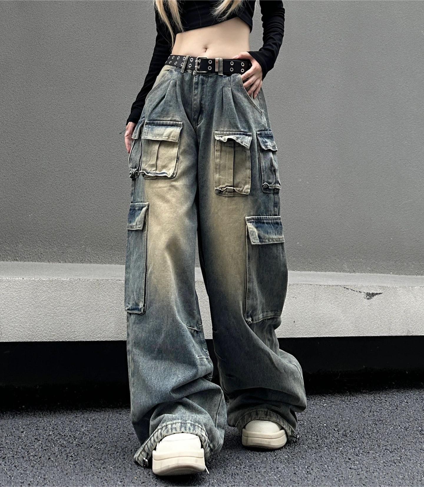 Transmission Gate Multi-pocket Streetwear Cargo Broek Dames Herfst Winter Wijde pijpen Wasbare Oversized Jeans Dames Y2k Baggy Denim Broek S