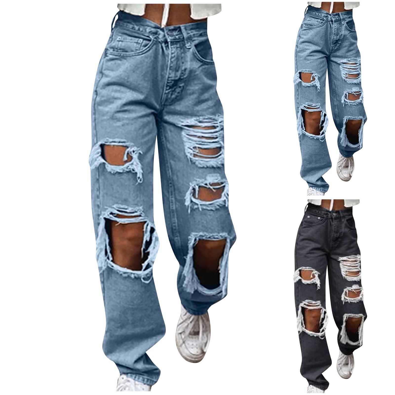 Colorful Supply Harajuku Dames Mode Jeans Straat Gescheurde Details Rechte Pijpen Denim Broek Eenvoudige Casual Baggy Zak Broek XXXL blauw