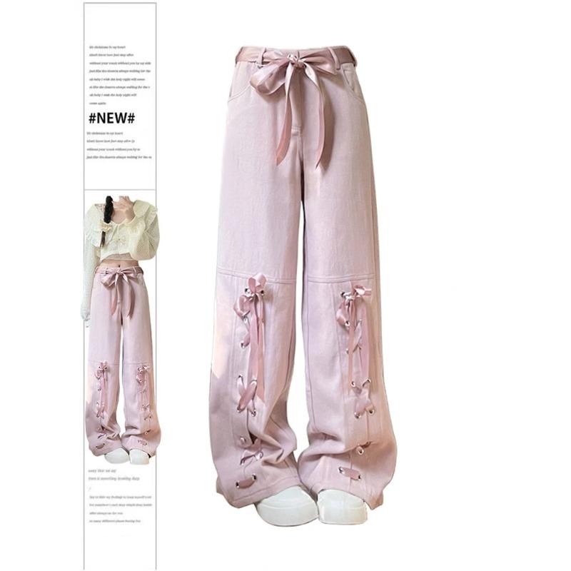Exotic Vrouwen Lace-up Roze Jeans Baggy Harajuku 90s Esthetische Denim Broek Y2k Oversize Wijde Cowboy Broek Vintage 2000s Trashy Kleding S roze