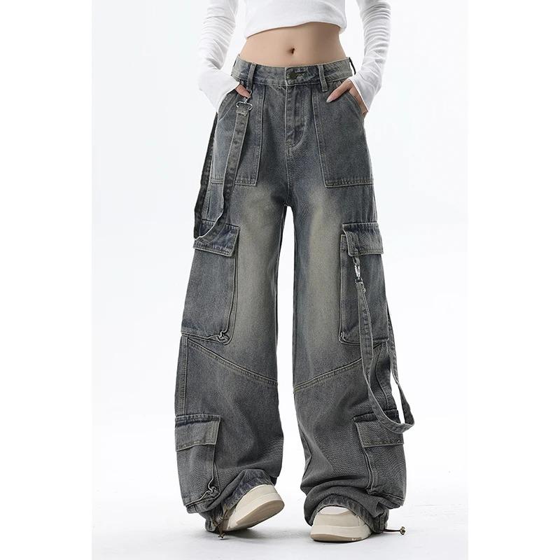 Exotic Vrouwen Blauwe Jeans Cargo Broeken Streetwear Hoge Taille Amerikaanse Wijde Pijpen Broek Mode Y2K Stijl Vrouwelijke Winter Rechte Broeken S blauw