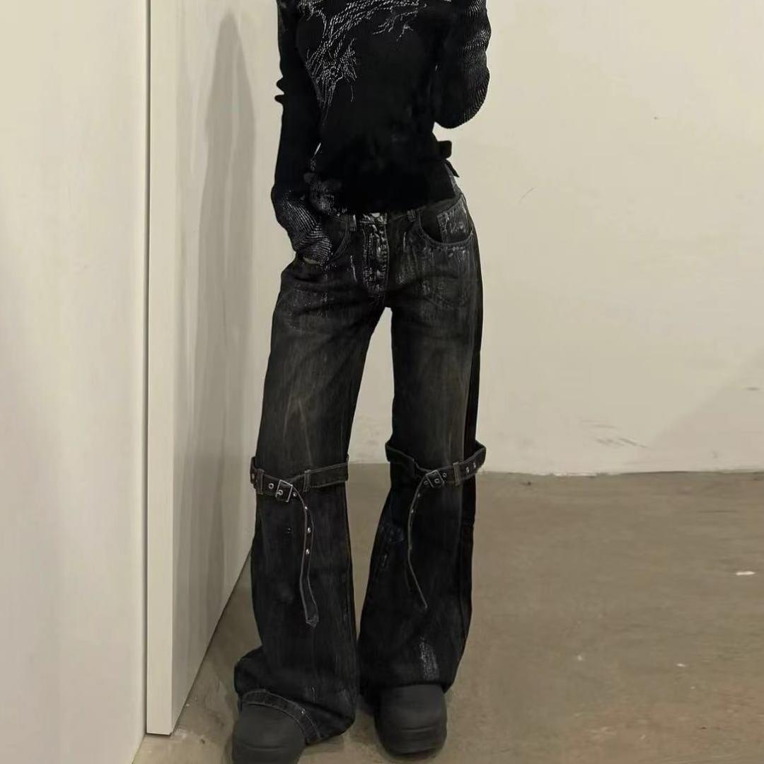 YUMI wardrobe Zwarte dames jeans hoge taille hip hop rechte mode broek streetwear harajuku Y2K ster 2024 vrouwelijke wijde pijp denim broek L zwart
