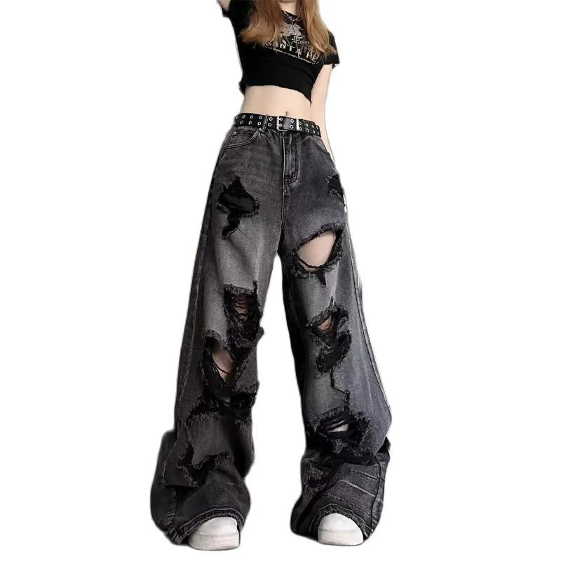 Exotic Vintage hoge taille denim broek gescheurde jeans dames mode losse wijde pijpen rechte broek Y2k gewassen streetwear vrouwelijk S zwart