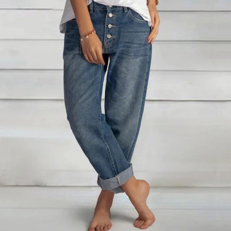 Best do it Mode Nieuwe Losse Casual Wijde Pijpen Jeans Vrouwen Eenvoudige Effen Vintage Plus Size Jeans Vrouw Elegante Rechte Blauwe Denim Broek Vrouwelijke Kleding 24589 S blauw