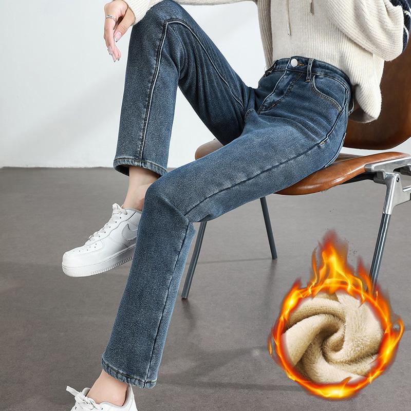 DOKI Winter Dames Fleece Verdikte Warme Jeans Retro Slim Rechte Elastische Afslankende Warme Denim Broek Vrouwelijke Kleding 25 blauw-grijze kleur