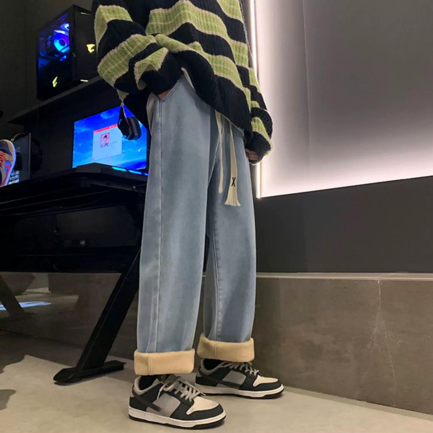 WQJ17EP Herfst Winter Dikke Wijde Pijpen Jeans Vrouwen Retro Hoge Taille Harajuku Studenten Baggy Broeken Y2k Tieners All-match Mode Straat L blauw