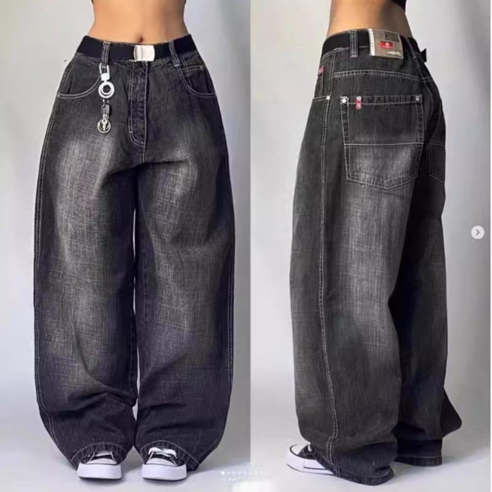 WQJ17EP Y2K Jeans Harajuku Hip Hop Retro Schedel Grafisch Geborduurd Baggy Jeans Denim Broek Vrouwen Goth Hoge Taille Wijde Broek L zwart