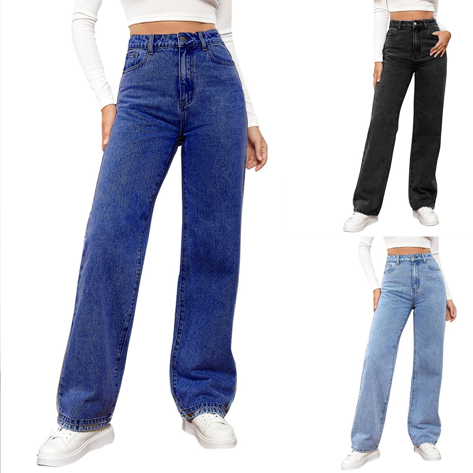 WQJ17EP Dames High Waist Washed Dames Jeans Modieuze Veelzijdige Rechte Broek L zwart