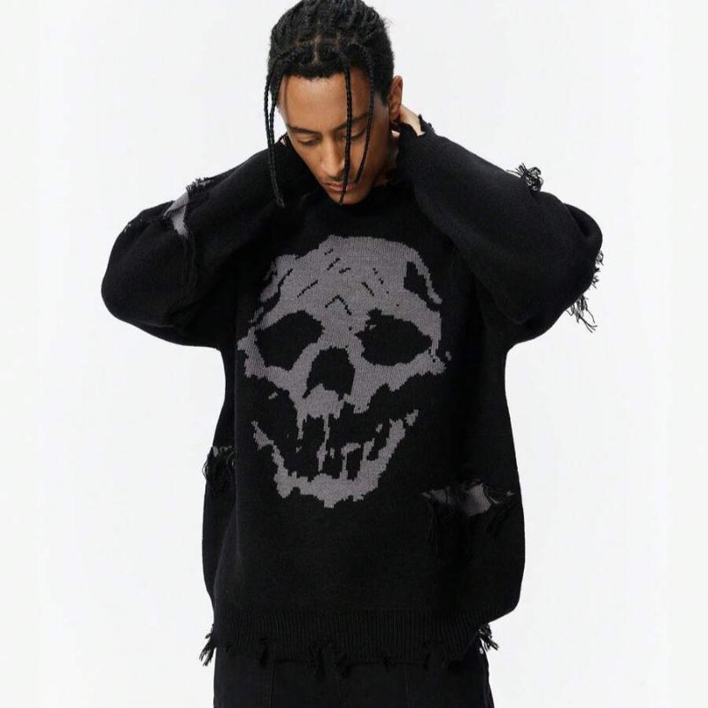 ZSIIBO Amazing Hiphop donkere straat Europees en Amerikaans skelet jacquard gescheurde trui herfst en winter heren en dames losse trui gebreide trui M