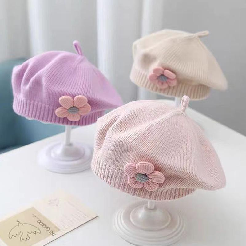 Bloem Baby Baret Hoed Effen Kleur Winter Warm Gebreide Muts Voor Baby Meisjes Koreaanse Peuter Prinses Kunstenaar Schilder Mutsen beige