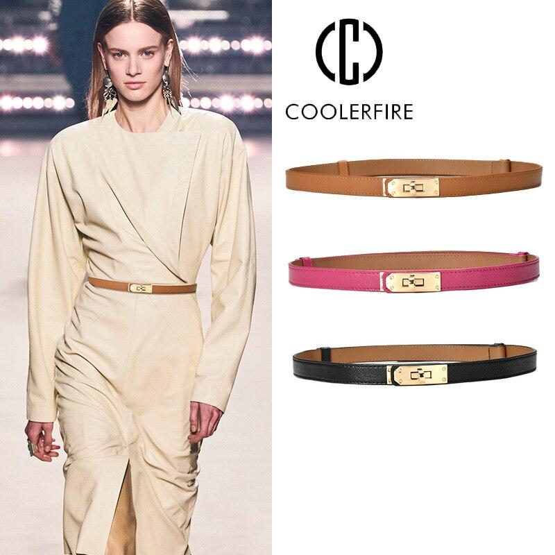 COOLERFIRE FASHION Riemen voor vrouwen Mode Casual Designer Echt leer Zacht jurk Rok Riemen Dames Tailleband Dunne Skinny Effen Band LB2285 100cm grijs/goud