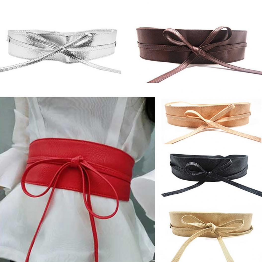 YA84EQ Mode Vrouwen Kunstleer Wikkel Rond Stropdas Korset Cinch Taille Brede Jurk Riem beige