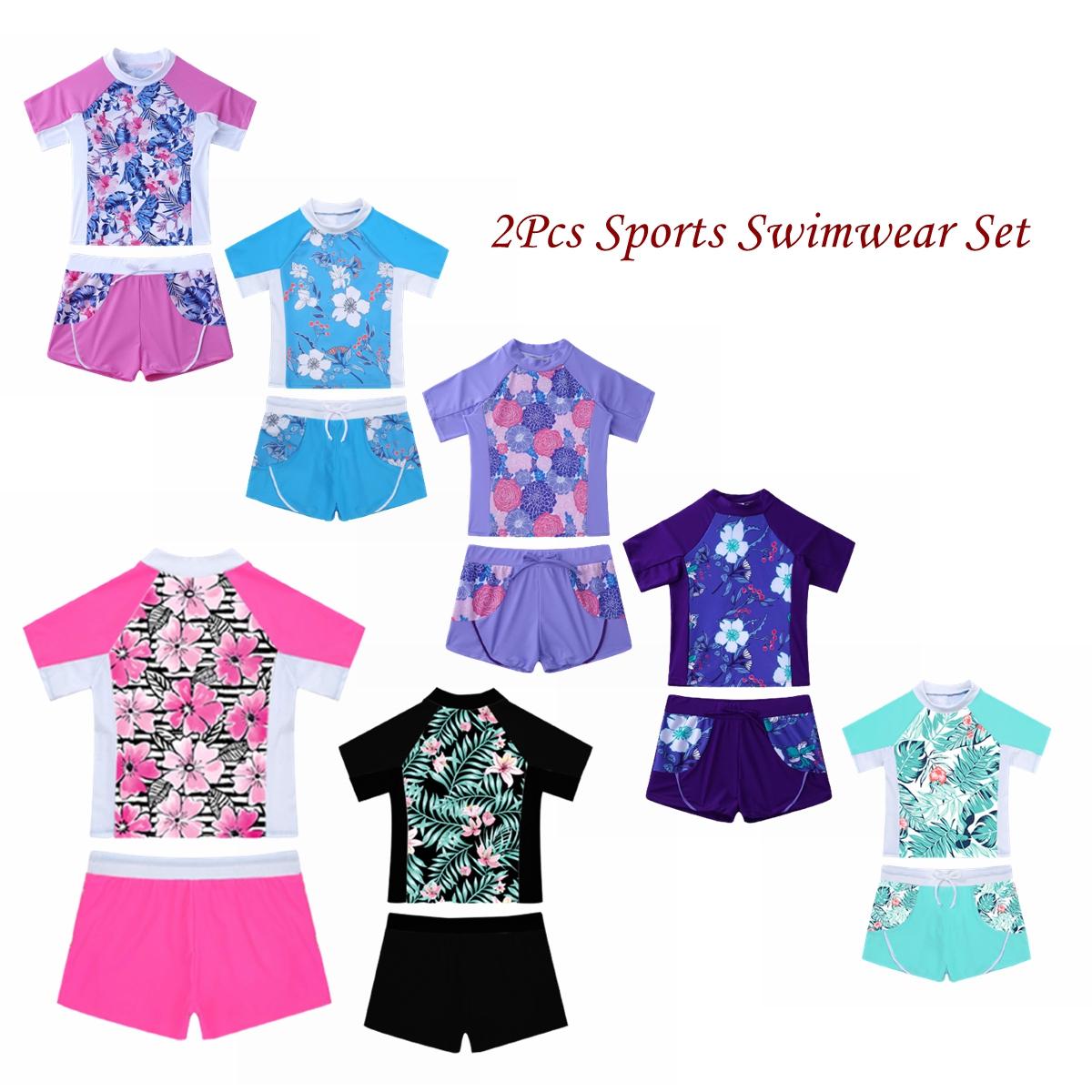 Manyakai Kinderen Meisjes Rash Guard Bloemenprint Tankini Set T-shirt met Zwembroek Korte Broek Badpak Badpak 5-6 Years blauw