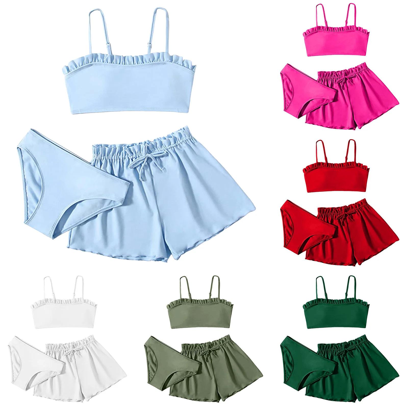 T-fengxinzi 1 Set Effen kleur geplooid badpak voor kinderen, driedelige badpakset voor meisjes 130