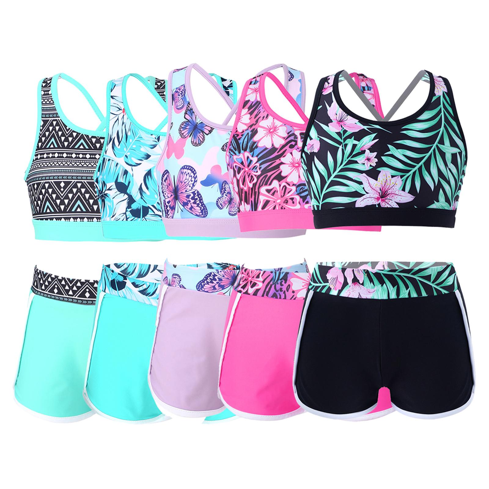 Tiaobug 2 stuks bedrukte badpakoutfit voor meisjes met U-hals, bandjes op de rug en crop top met boyshorts, shorts en broeken, badpak voor op het strand, zwembad, zwempak 7-8 Years zwart/groen