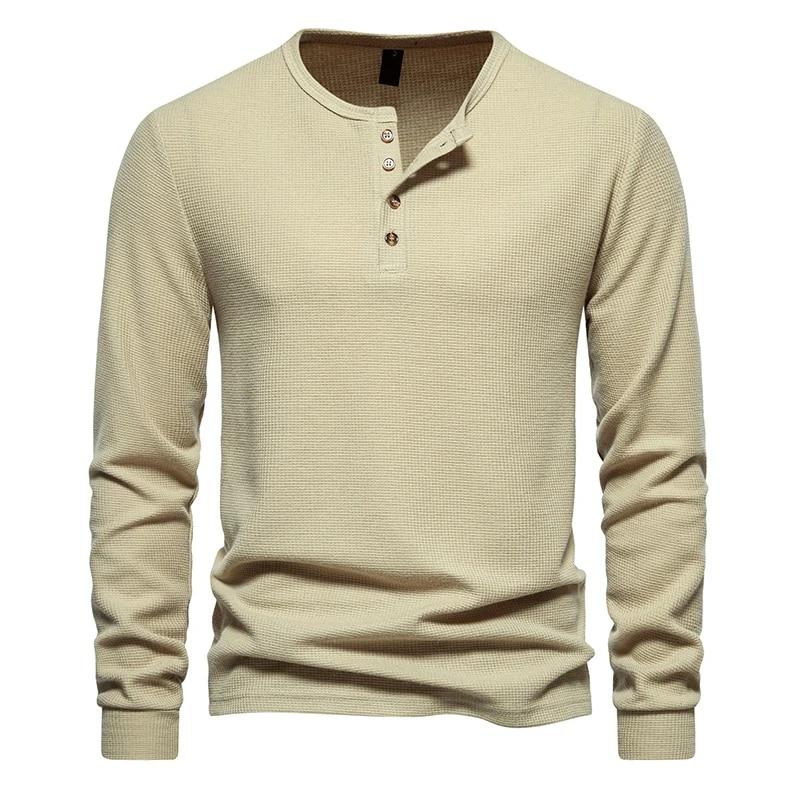 Leefona Waffle Henley T-shirt Heren Lange Mouw Basic Ademend Heren Tops T-shirts Nieuwe Herfst Casual Effen Kleur Knoop T-shirts L legergroene kleur