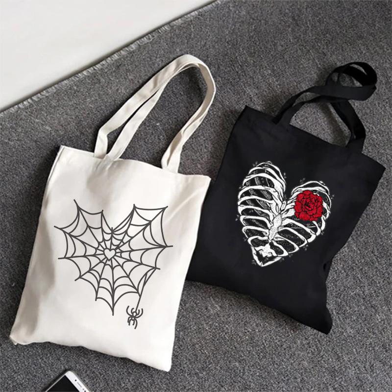 Retro Gothic Anime Spinnenweb Print Canvas Tas Casual Ulzzang Grote Capaciteit Kawaii Vrouwen Schoudertas Punk Hip Hop Shopper Tas 24*26cm