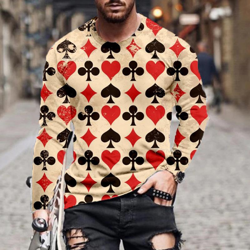 ETST 007 Mode Heren T-shirt Lange Mouw Speelkaarten 3D Geprint Ronde Hals Korte Mouw Street Trend Tops S