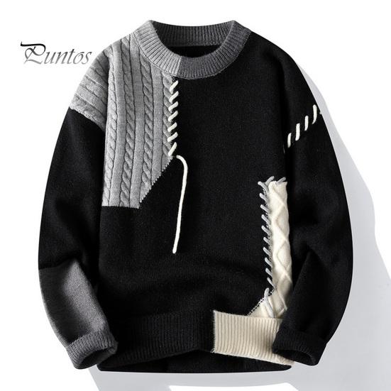 DILLER Herfst Winter Heren Trui Kleur Blokkerend Snijdend Ontwerp Ronde Hals Losse Gebreide Trui Dikke Warme Onderkant Trui Casual Wear Werk Dating Trui M grijs